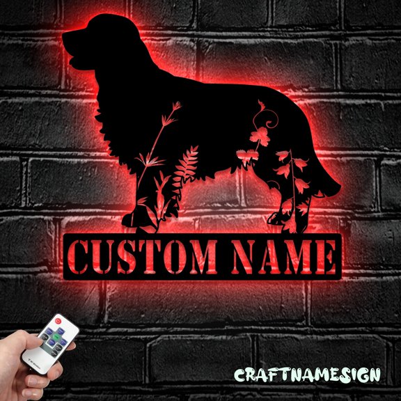 Craftnamesign Custom FLoral Gordon Setter Metal Wall Art LED Light, Flower Dog Lover Name Sign