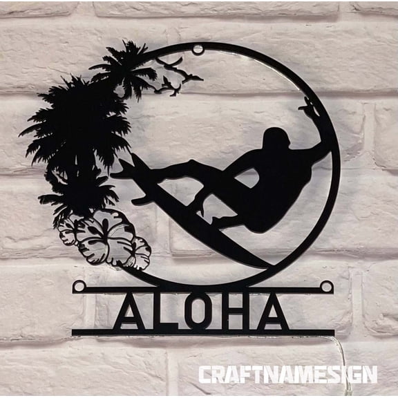 Craftnamesign Custom Wave Surfing Metal Wall Art LED Light, Custom Surfer Riding Wave Name Sign