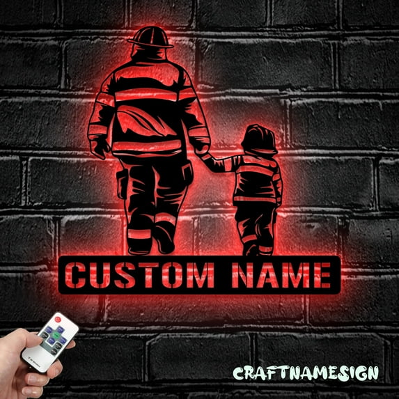 Craftnamesign Custom Father Son Firefighter Metal LED Light, Custom Fireman Name Sign, Home Decor