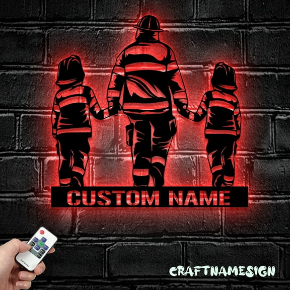 Craftnamesign Custom Father Son Firefighter Metal Wall Art LED Light, Custom Fireman Name Sign