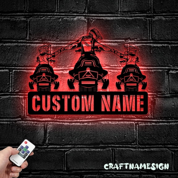 Craftnamesign Custom Father Son Snowmobile Metal Wall Art LED Light, Personalized Ski Doo Name Sign