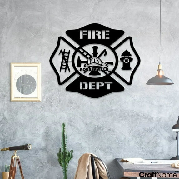 Craftnamesign Custom Fire Dept Metal Wall Art LED Light, Firefighter Maltese Cross Wall Decor