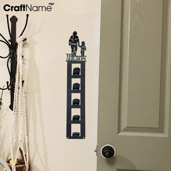 Craftnamesign Custom Firefighter Dad And Son Metal Hat Rack Wall Decor, Unique Cap Rack Organizer