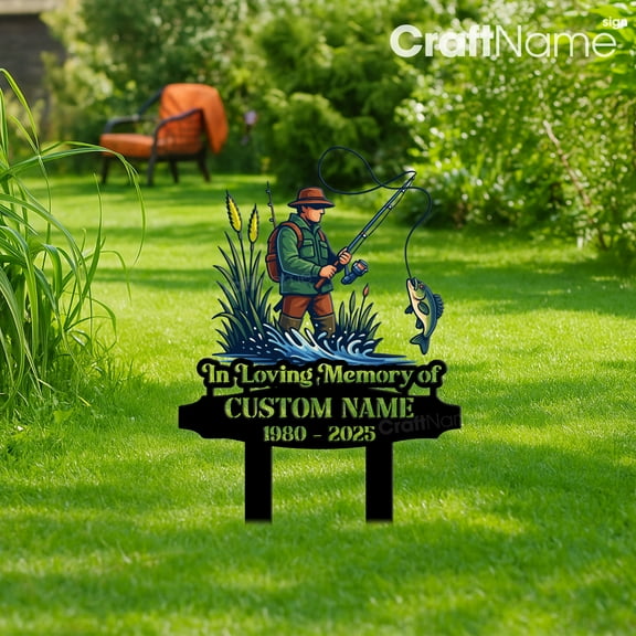 Craftnamesign Custom Fisherman Memorial Metal Garden Stake Decor, Cemetery Plaque for Dad Loss