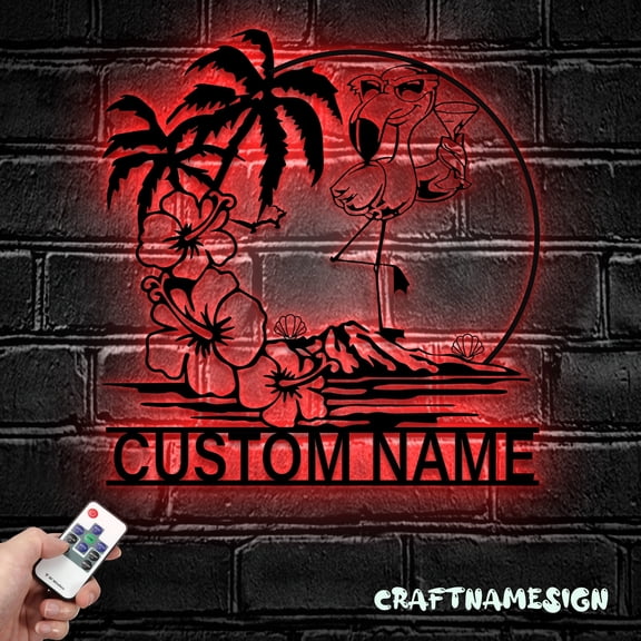 Craftnamesign Custom Flamingo Hawaiian Metal Sign LED Light, Flamingo Sign, Flamingo Wall Decor
