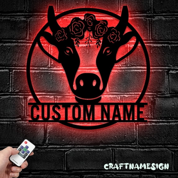 Craftnamesign Custom Floral Baby Dairy Cow Farmhouse Metal LED Light, Personalized Farm Name Sign