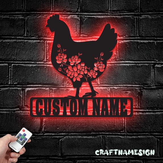 Craftnamesign Custom Floral Chicken Farmhouse Metal Wall Art LED Light, Custom Chicken Name Sign
