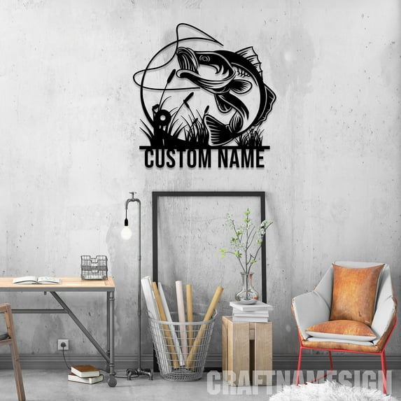 Craftnamesign Custom Bass Fish Metal Wall Art LED Light, Fisherman Name Sign, Bass Fishing Sign