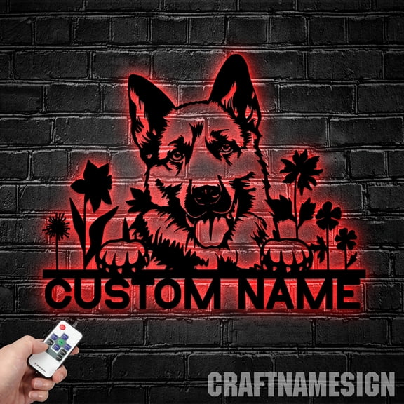 Craftnamesign Custom GSD German Shepherd Husky Mix Metal Wall Art LED Light, Custom Dog Name Sign