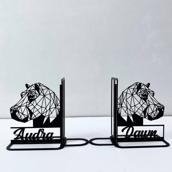 Craftnamesign Custom Geometric Hippo Metal Bookends for Shelves, Hippo Book Shelf Holder