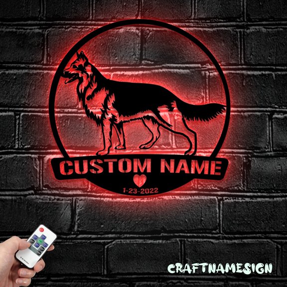 Craftnamesign Custom German Shepherd Metal Wall Art LED Light, Custom Dog GSD Memorial Name Sign