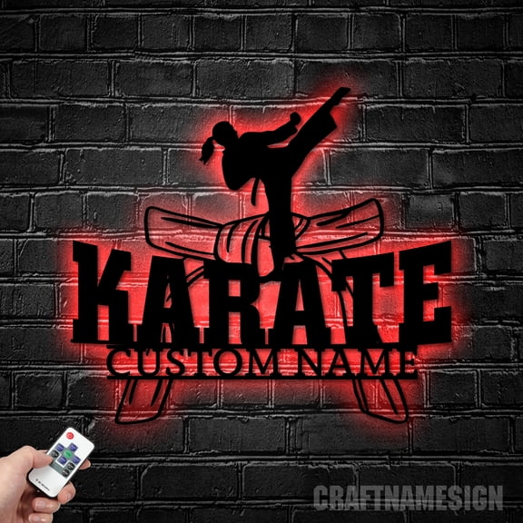 Craftnamesign Custom Girl Karate Metal Wall Art LED Light, Karate Name Sign, Martial Arts Decor