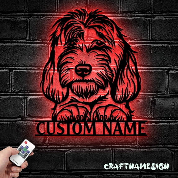 Craftnamesign Custom Golden Doodle Metal Wall Art LED Light, Labradoodle Sign, Dog Wall Decor
