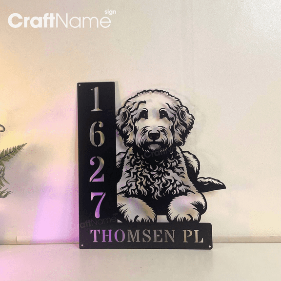 Craftnamesign Custom Golden doodle Dog Metal Address Sign, House Number Hanging Address Plaque