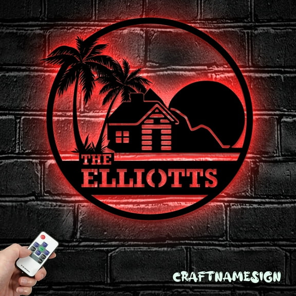 Craftnamesign Custom Palm Tree Cabin Metal Wall Art LED Light, Custom Welcome Family Name Sign