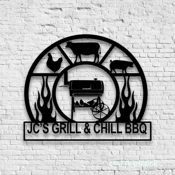 Craftnamesign Custom Grill & BBQ Metal Wall Art LED Light, BBQ Restaurant Name Sign, Grill Decor