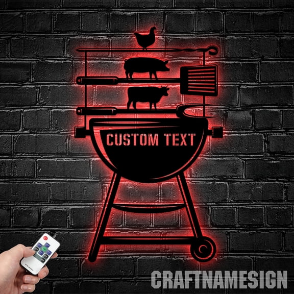 Craftnamesign Custom Grill Metal Sign LED Light, Custom Name Barbecue Patio Sign, BBQ Decor