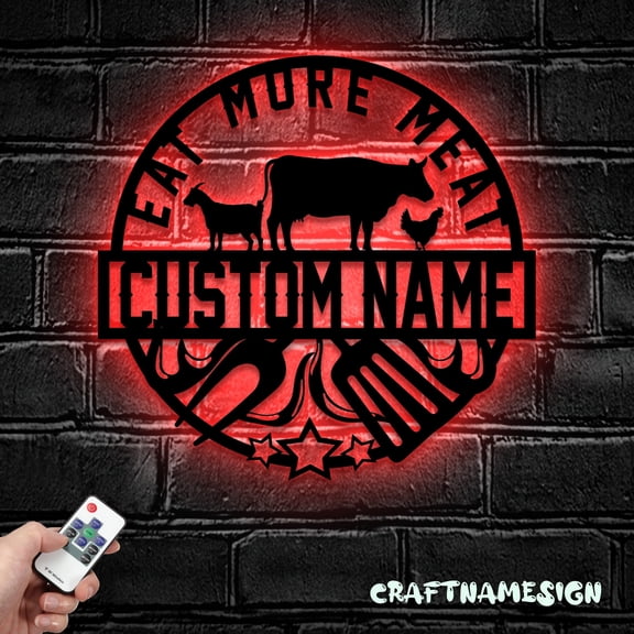 Craftnamesign Custom Grill Metal Wall Art LED Light, Backyard BBQ Sign, BBQ Wall Decor