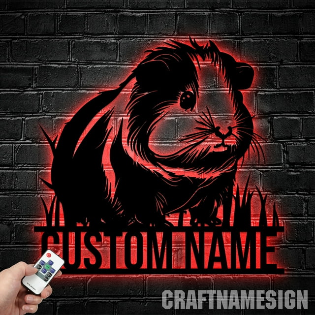 Craftnamesign Custom Guinea Pig Metal Wall Art LED Light, Guinea Pig