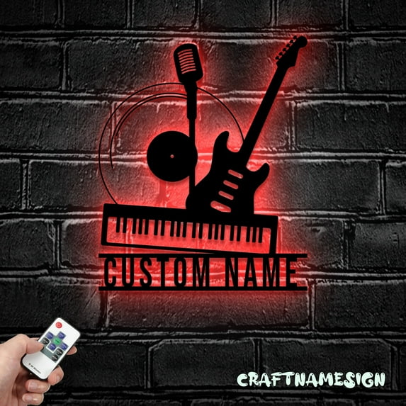 Craftnamesign Custom Guitar And Micro Metal Wall Art LED Light, Custom Music Room Name Sign