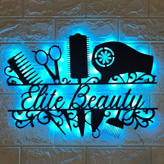 Craftnamesign Custom Hair Salon Metal Wall Art LED Light, Personalized Hair Stylist Name Sign