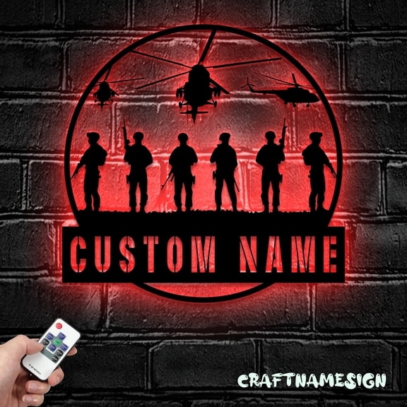 Craftnamesign Custom Helicopter Military Metal Wall Art LED Light, Custom Soldier Name Sign