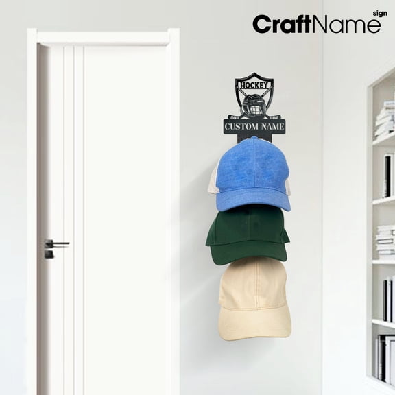 Craftnamesign Custom Ice Hockey Metal Hat Rack, Wall Mounted Cap Organizer, Gift For Hockey Lovers
