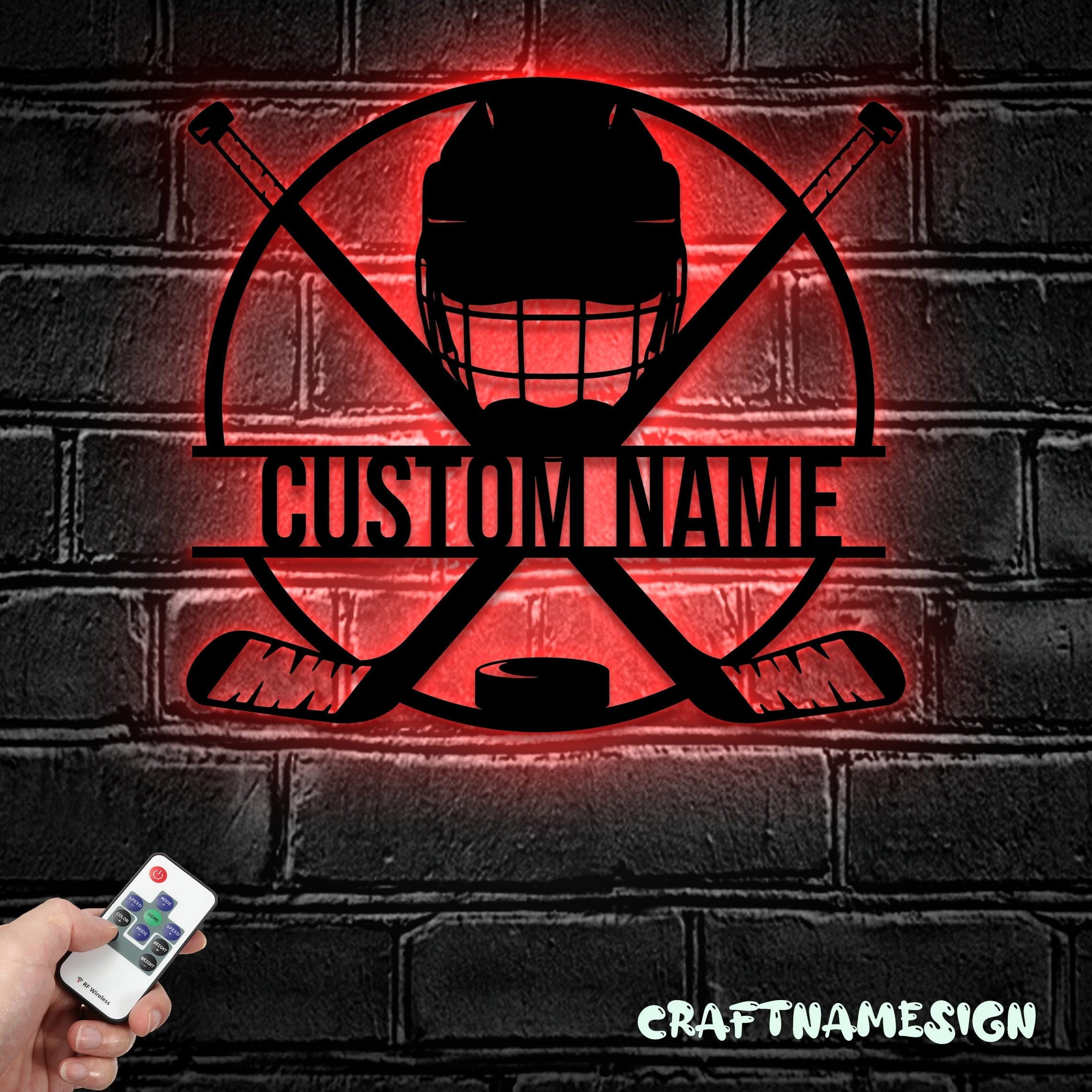 Craftnamesign Custom Ice Hockey Metal Wall Art LED Light, Player Stick