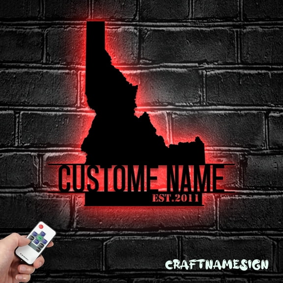 Craftnamesign Custom Idaho Map Metal Wall Art LED Lights, Personalized Idaho State Name Sign