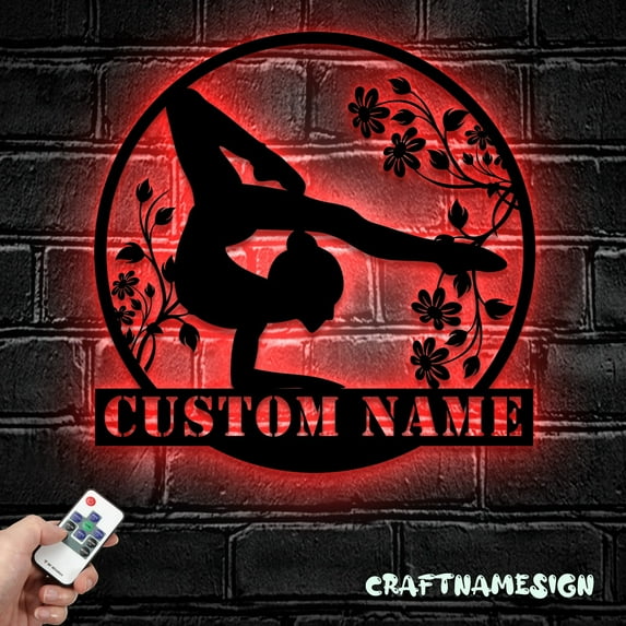 Craftnamesign Custom Female Gymnastics Metal Wall Art LED Light, Custom Girl Gymnast Name Sign