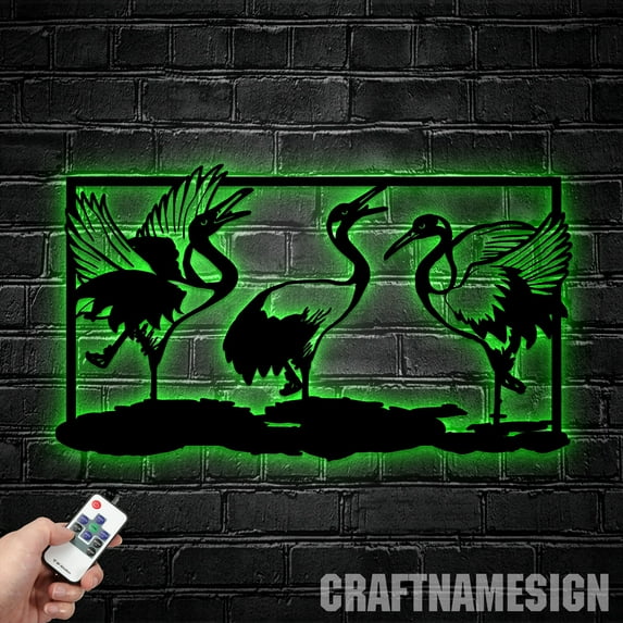 Craftnamesign Custom Japanese Cranes Dance Metal Wall Art LED Light