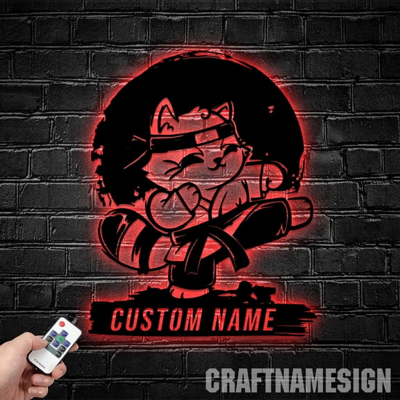 Craftnamesign Custom Karate Cat Metal Wall Art LED Light, Personalized Karate And Cats Metal Sign