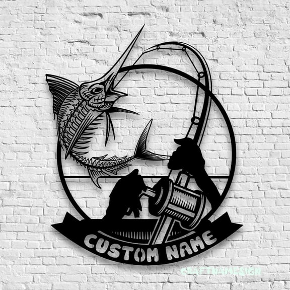 Craftnamesign Custom Marlin Fishing Metal Wall Art LED Light, Custom Fisherman Name Sign