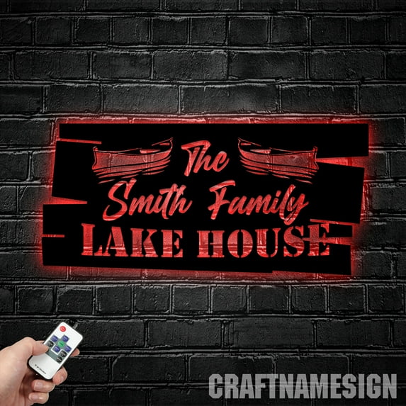 Craftnamesign Custom Lake House Metal Wall Art LED Light, Personalized Lake Boat Scene Name Sign