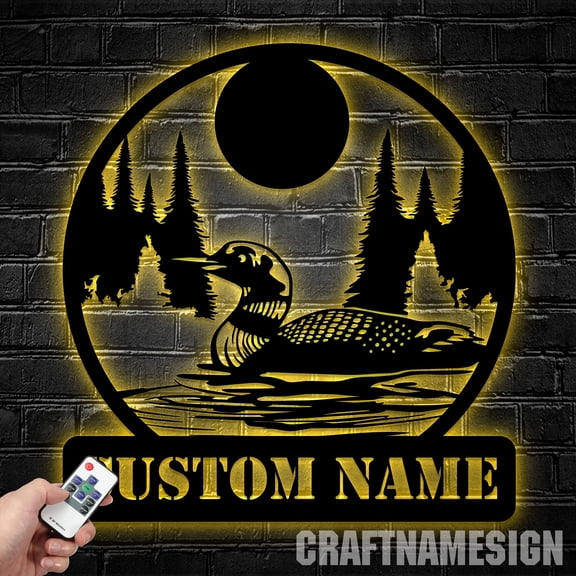 Craftnamesign Custom Lake Loon Duck Metal Wall Art LED Light, Personalized Workshop Name Sign