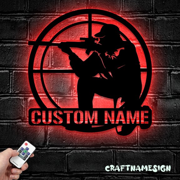 Craftnamesign Custom Man Hunting Metal Wall Art LED Light, Personalized Hunter Name Sign