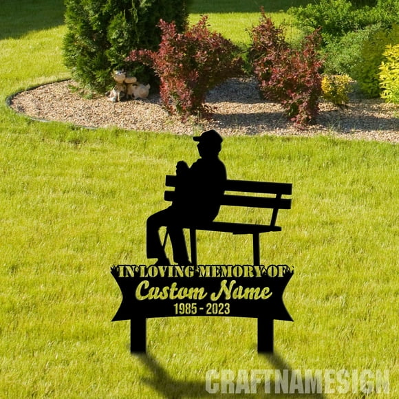 Craftnamesign Custom Man Sitting On Bench Memorial Stake, Memorial Plaque with Stake, Grave Marker