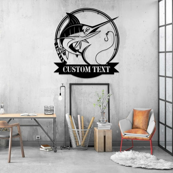 Craftnamesign Custom Marlin Fishing Metal Wall Art LED Light, Personalized Fishing Name Sign