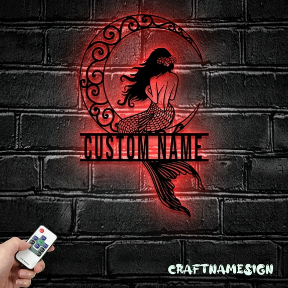 Craftnamesign Custom Mermaid On The Moon Metal Wall Art LED Light, Personalized Mermaid Name Sign