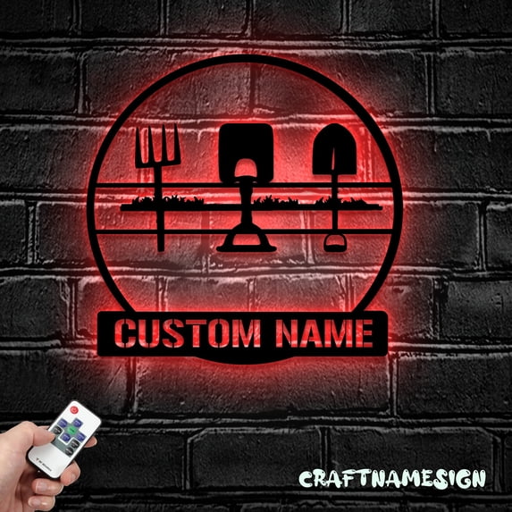 Craftnamesign Custom Gardening Tool Metal Wall Art LED Light, Custom Farming Name Sign Home Decor