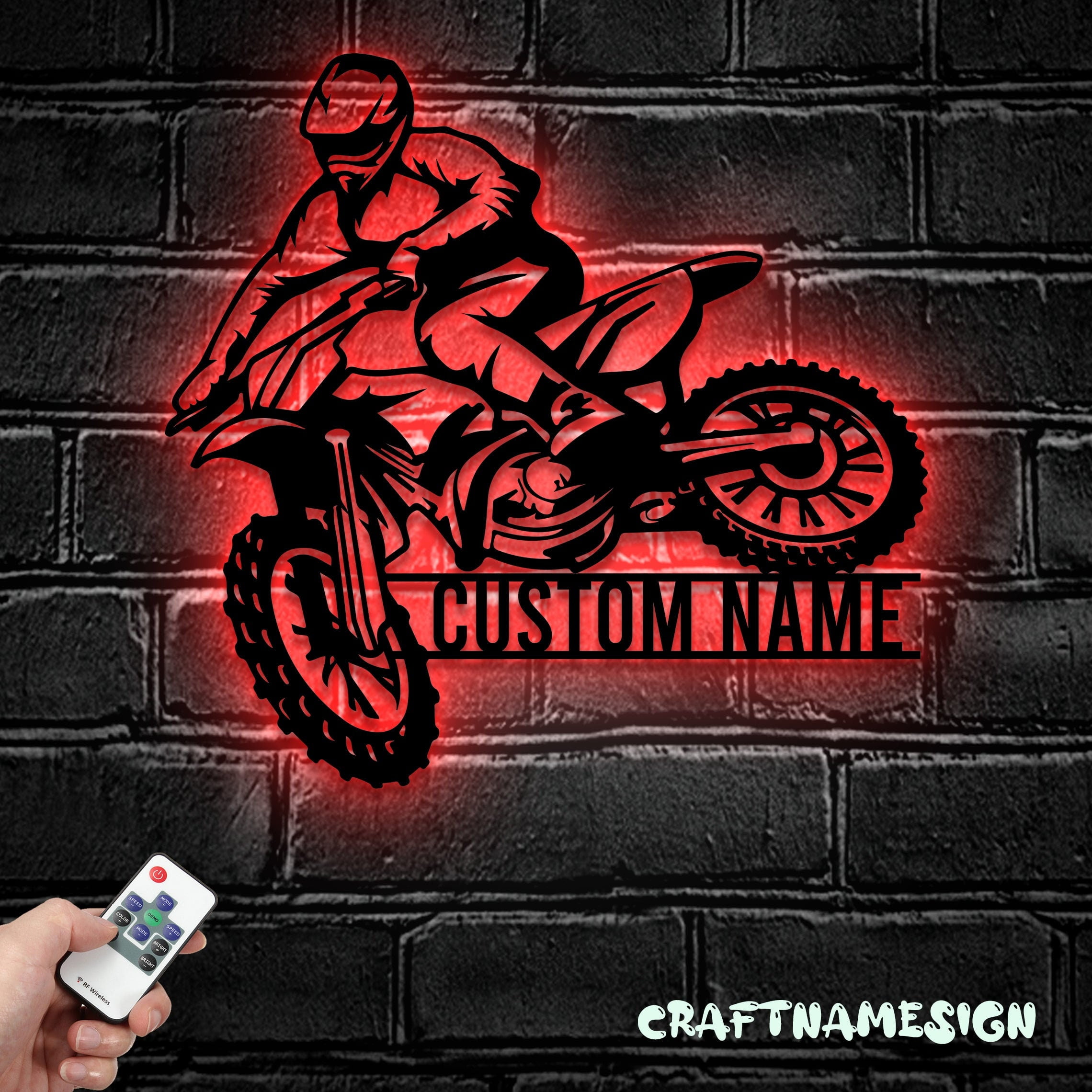 Craftnamesign Custom Motocross Bike Metal Wall Art LED Light, Dirt Bike