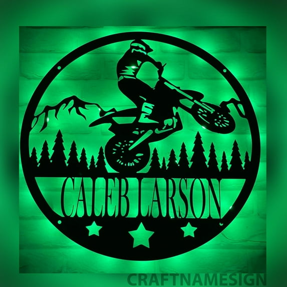 Craftnamesign Custom Motocross Biker Metal Wall Art LED Light, Personalized Dirt Bike Name Sign