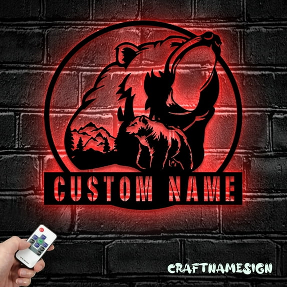 Craftnamesign Custom Mountain Bear Metal Wall Art LED Light, Bear Sign, Bear Wall Decor