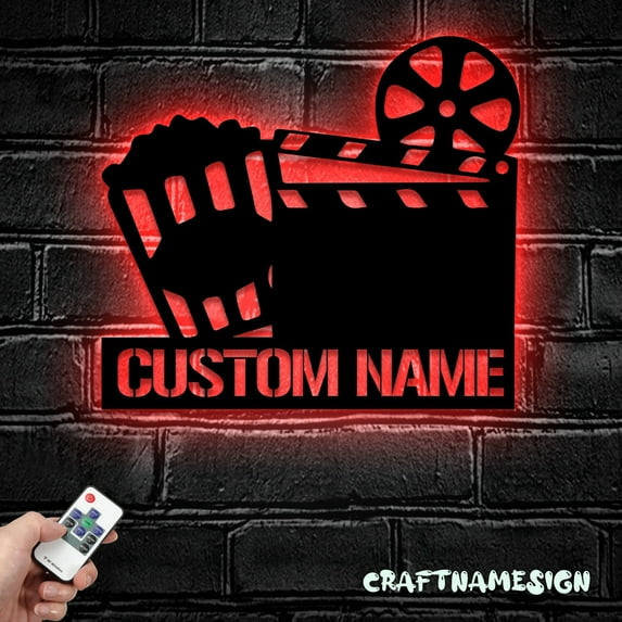 Craftnamesign Custom Movie And Popcorn Metal Wall Art LED Light, Custom Cinema Film Movie Name Sign