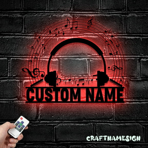 Craftnamesign Custom Music Note Headphones Laser Metal Wall Art LED Light, Musical Symbol Name Sign