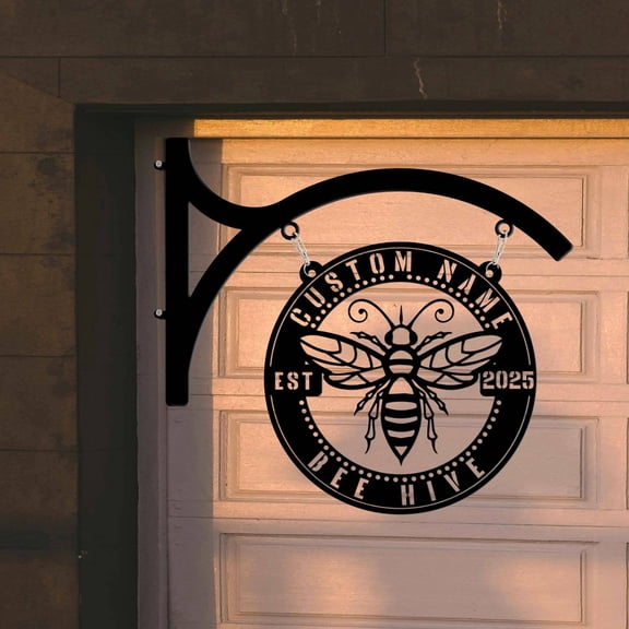 Craftnamesign Custom Name Bee Hive Metal Hanging Sign, Outdoor Bee Farm Wall Hanging Decor