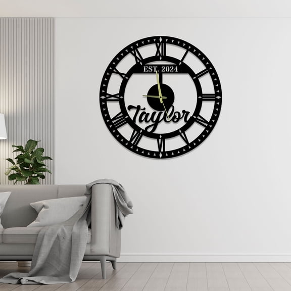 Craftnamesign Custom Name Metal Wall Clock For Living Room, Housewarming Gift
