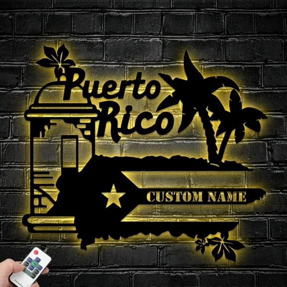 Craftnamesign Custom Name Puerto Rico Metal Wall Art LED Light, Puerto Rico Flag Sign Wall Decor