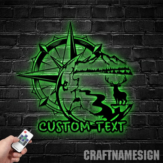 Craftnamesign Custom Nature Mountain Forest Metal Wall Art LED Light, Compass Large Adventure Sign