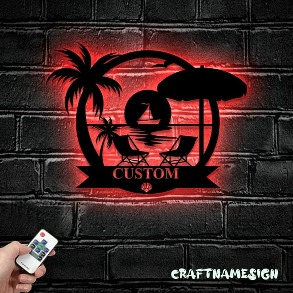 Craftnamesign Custom Nautical Beach House Metal Wall Art LED Light, Welcome Family Name Sign